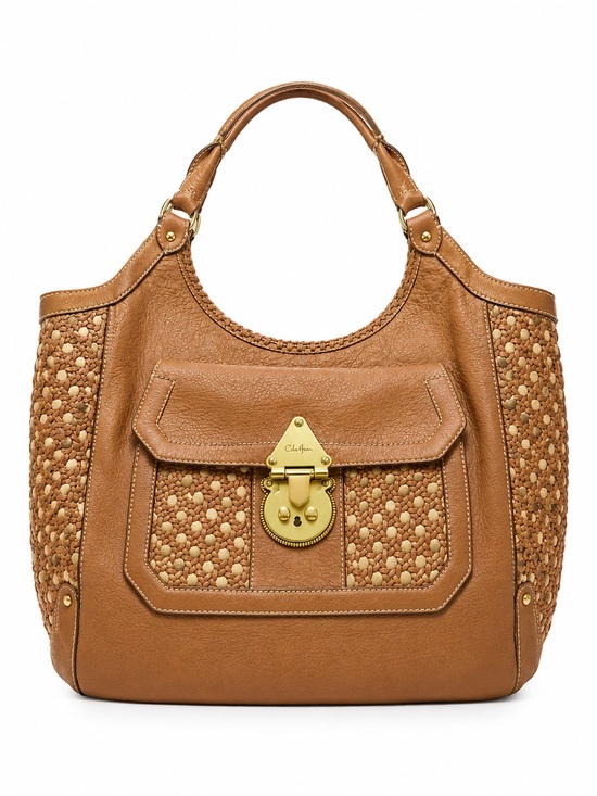 Cole Haan Handbags - Cole Haan Tan Woven Leather Shoulder Bag with Gold Lock